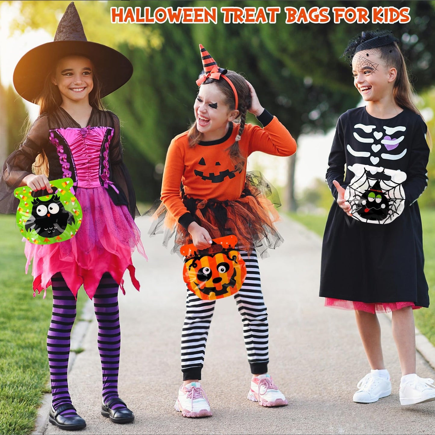 POPGIFTU 56 Pcs Halloween Goodie Bags with Handles - 8 Designs Resealable Treat Pouches for Candy, Snacks, Cookies, Bulk Trick or Treat Bags for Kids Party Favors & Classroom Halloween Supplies