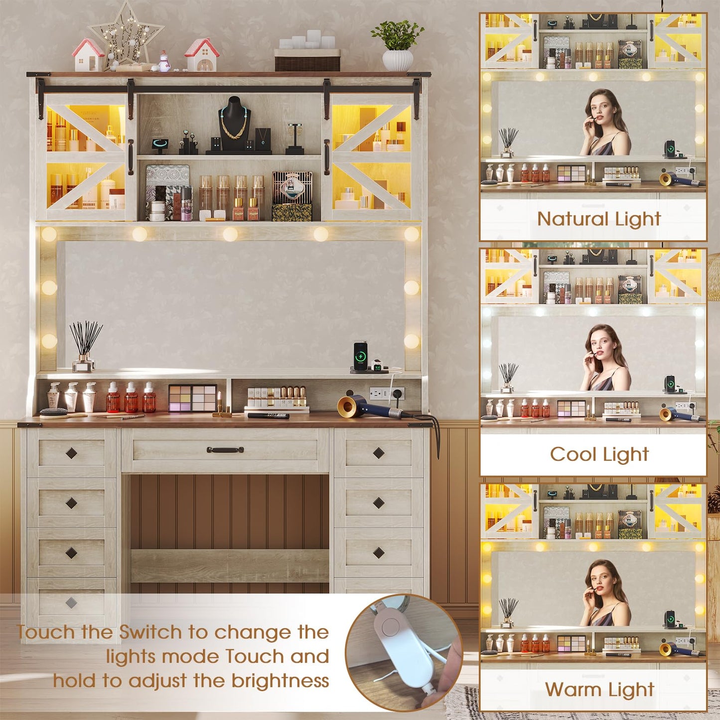 busyaeh Farmhouse Vanity Desk with Mirror and Lights,75.2" Makeup Vanity with 9 Drawers & 2 Sliding RGB Door and Charging Station,Vanity with 3 Color Light Modes,Big Vanity for Bedroom,Antique White
