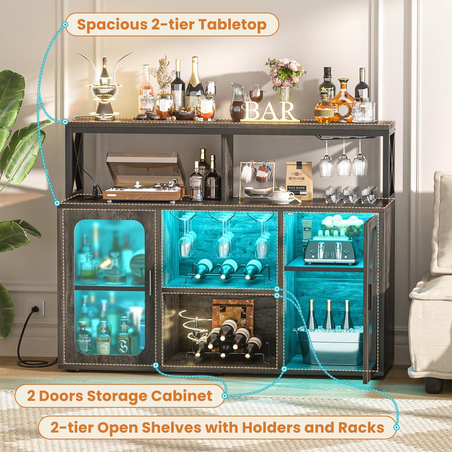 Aheaplus Bar Cabinet with Power Outlets, Liquor Cabinet with Led Lights and Glass Holder, Storage Buffet Cabinet Coffee Bar Cabinet for Liquor, Wine Cabinet with Racks for Home, Kitchen, Grey Oak