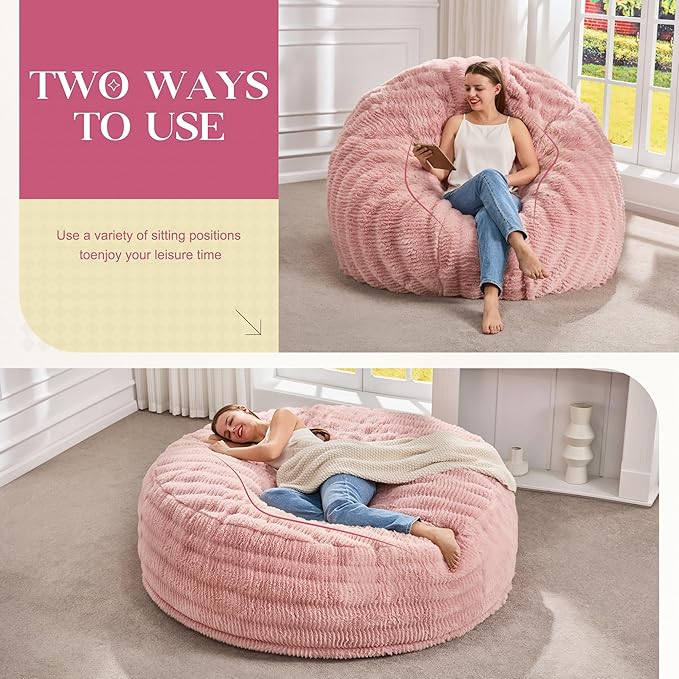 Hobestluk Bean Bag Chairs Beanbag Chair with Filler Adult Bean Bags with Fluffy Ripple Cover, Giant Bean Bag Chairs for Adults (Pink, 6FT - 70" x 70" x 15")