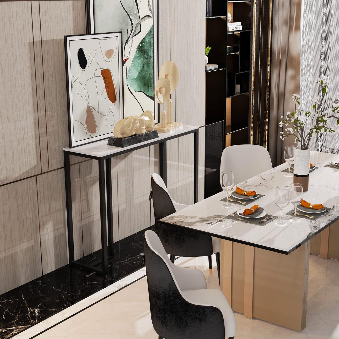 Wisfor Sintered Stone Entryway Table: White Console Table with Black Frame for Hallway - Long Narrow Table Behind Sofa, 39.4x11.8x30.9 inch