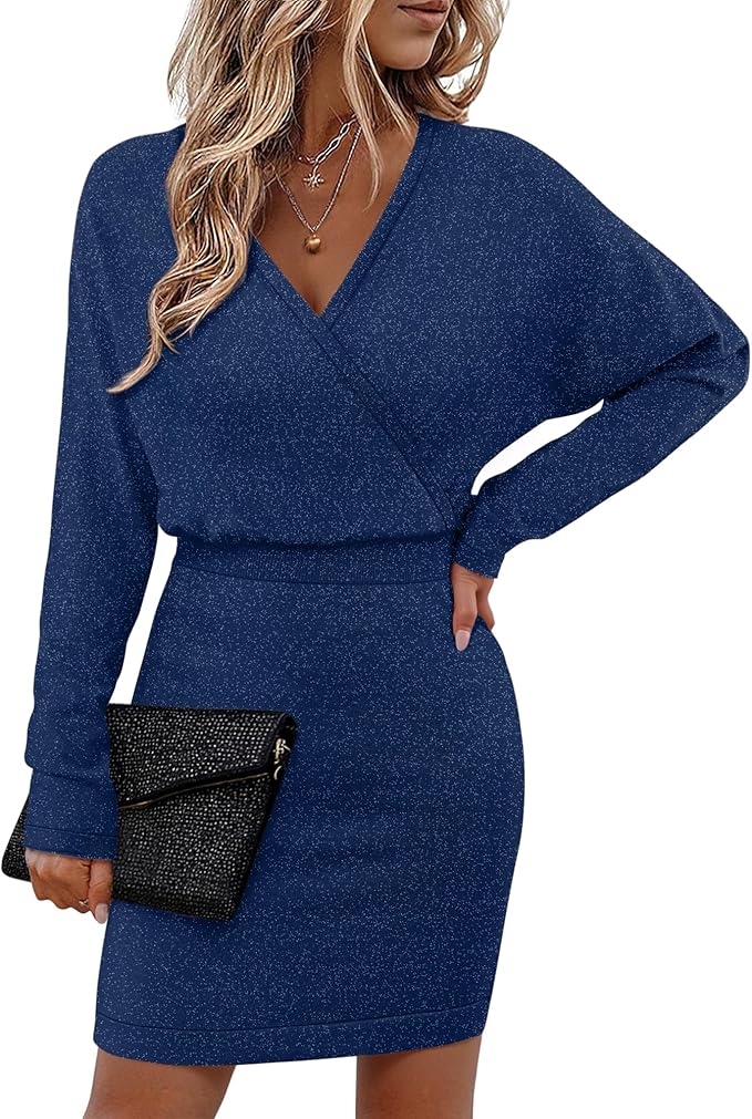 Bebonnie Womens Sexy V Neck Batwing Sleeve Sparkly Cocktail Party Sweater Dresses Holiday Bodycon Midi Dress