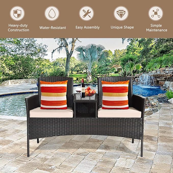 HAPPYGRILL Outdoor Loveseat with Removable Cushions and Coffee Table, Rattan Patio Wicker Conversation Set for Garden Lawn Backyard