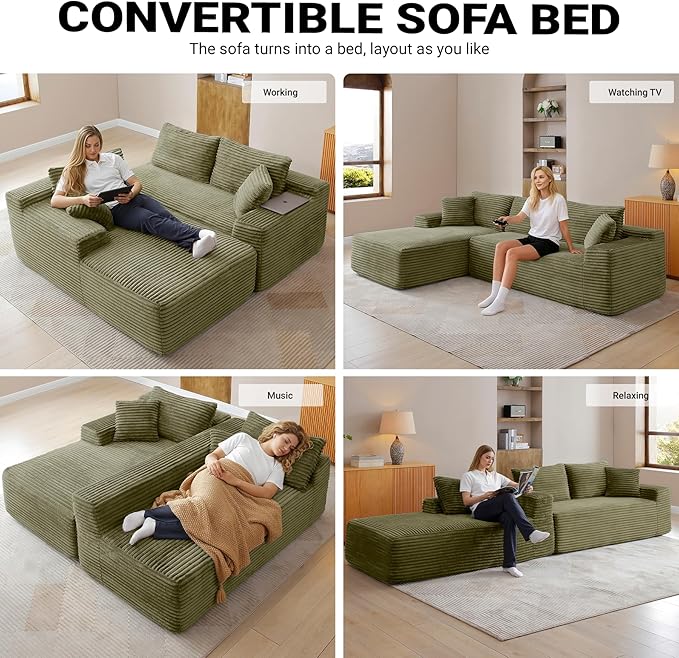 108" Cloud Sectional Couch,Modern Modular Sectional Sofa with Deep Seat,Corduroy Boneless Couches with L-Shape Chaise for Living Room,No Assembly Required (Green, Left Facing Chaise)