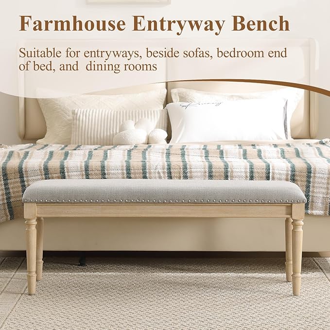 DM Furniture 46'' French Country Entryway Bench Wooden Linen Fabric Upholstered Seat Dinng Bench with Nailhead Trim for Hallway End of Bed, Grey
