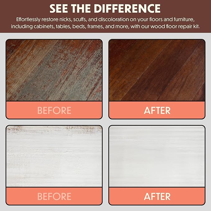 Furniture Repair Kit 50PC - Brushes, Markers, Scraper, Resin Wood Filler, Fillers with Wood Putty, Any Color Wood Combination, Scratch & Molding Repair, Restore Laminate Vinyl Veneer Flooring