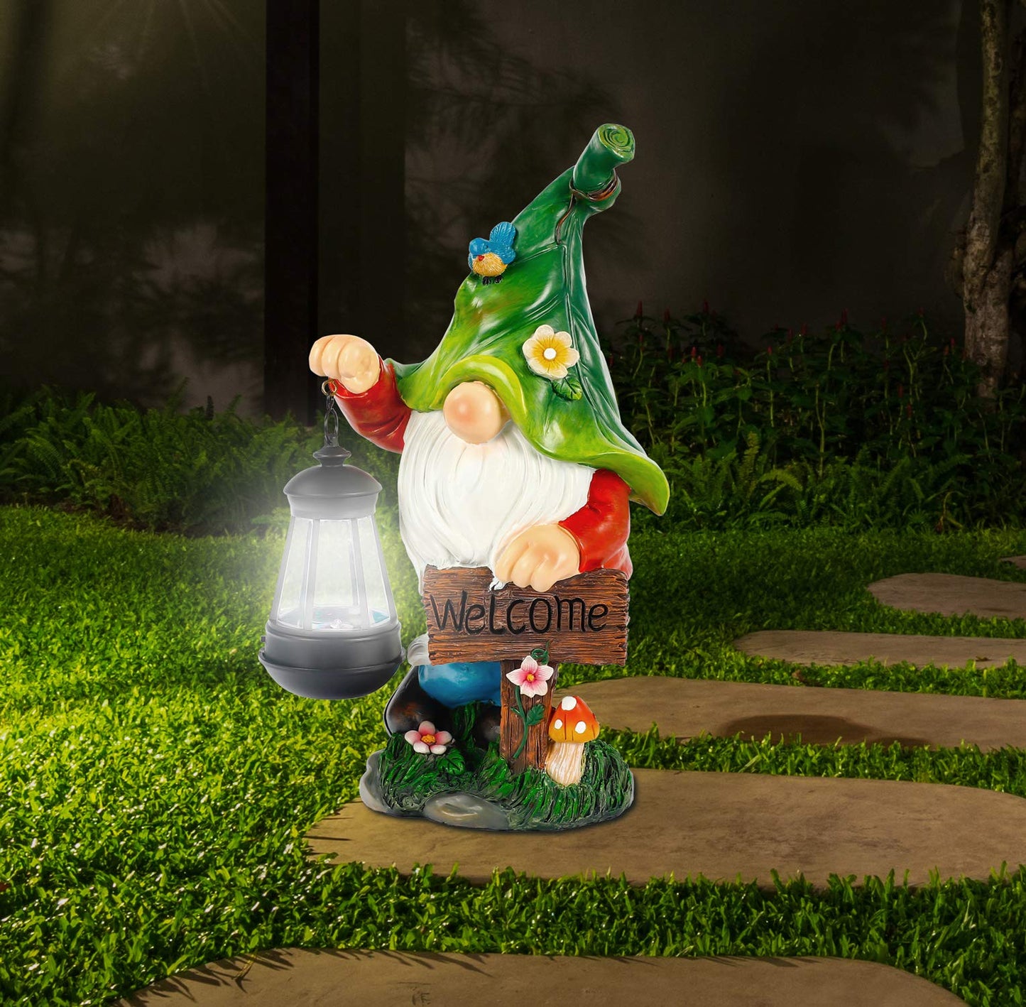WOGOON Garden Gnome Statue, Resin Figurine with Bright Solar Lantern Lights and Welcome Sign, Outdoor Solar-Powered Illumination Yard Art Decorations for Indoor Outdoor Patio Lawn Garden Room
