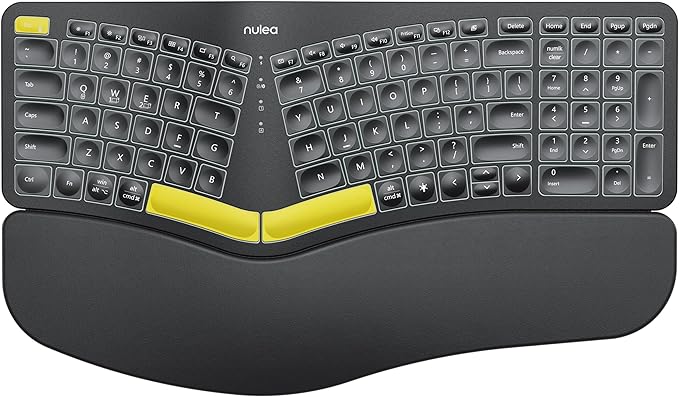 Nulea Wireless Ergonomic Keyboard, Split Keyboard with Wrist Rest, USB-C Charging, 7-Color Backlight, Natural Typing, Blue...