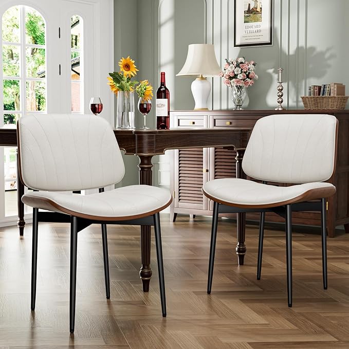 YaFiti Dining Chairs Set of 2, Dining Room and Kitchen Chairs, Mid Century Modern Accent Chair, Upholstered PU Leather Chairs for Vanity with Walnut Bentwood and Metal Legs, Beige