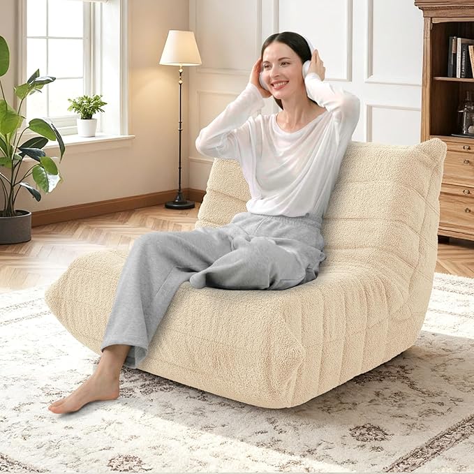 HABUTWAY Bean Bag Chairs Fireside Lazy Floor Sofa, Soft Teddy Fleece Bean Bag Sofa with High-Resilience Foam Filling，Beanbag for Living Room, Bedroom, Office (Khaki Teddy)