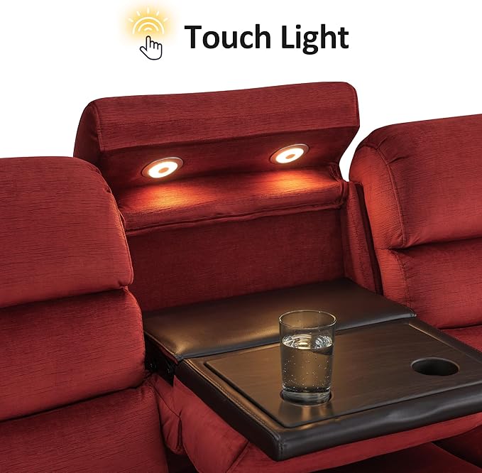 MCombo 87.2'' Wall Hugger Power Recliner Sofa with Drop Down Table, Reclining Sofa with Adjustable Headrest, USB Charge Ports, Reading Lamp, for Living Room, RVs, Fabric, ST258M3 (3-Seater, Burgundy)