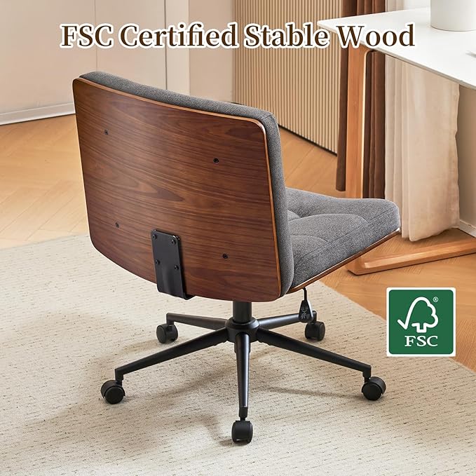 Furnimart FSC Wooden Wide Desk Chair, 360° Swivel Criss Cross Office Chair with Wheels, Comfy Cross Legged Sitting, Armless Height Adjustable Rolling Chair for Bedroom, Office, Vanity (Linen Gray)