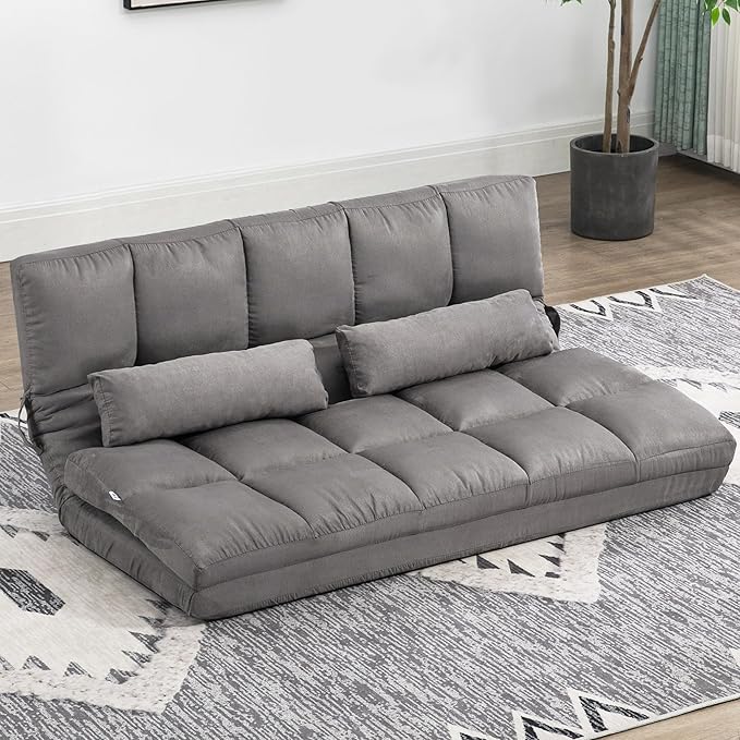HOMCOM Convertible Floor Sofa Chair, Folding Couch Bed, Guest Chaise Lounge with 2 Pillows, Adjustable Backrest and Headrest, 51.25" L, Dark Gray