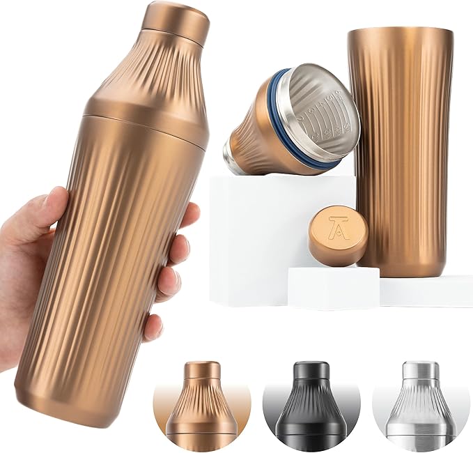 Elevated Craft Diamond Edition Hybrid Cocktail Shaker Set - Premium Vacuum Insulated Brushed Copper, 28 oz, Includes Buil...
