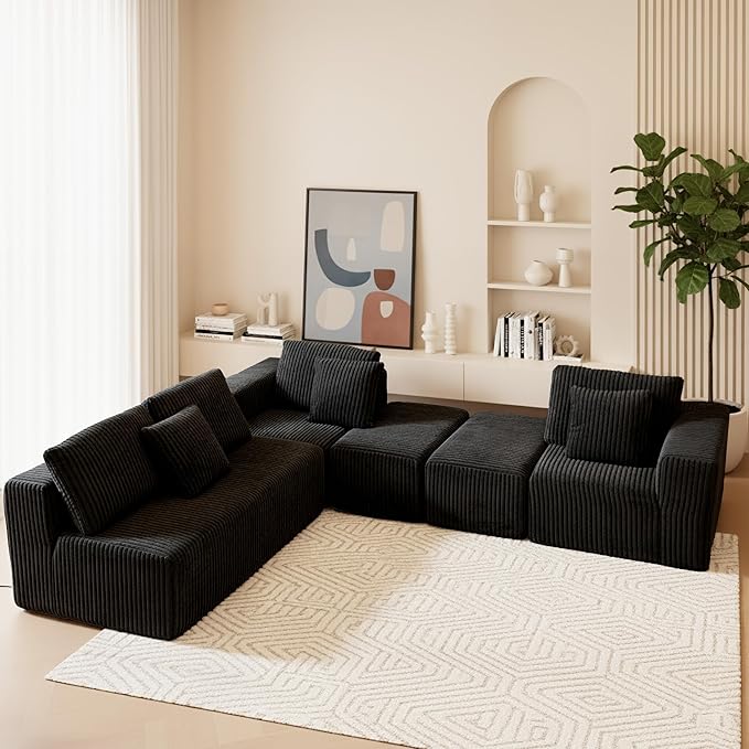 SEENYOO 132" U Shaped Modular Sofa, 4-Seater Sectional Cloud Couch with Chaise, Soft Corduroy Boneless for Living Room, No Assembly Required, Free Configuration, Black