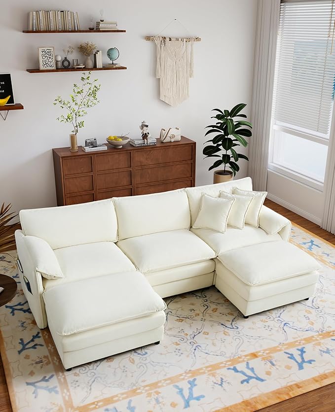 RENDGO 109" Modular Sectional Sofa with 2 Ottoman, Chenille Cloud Couch for Living Room & Apartment, Deep Seat Comfort, Flexible U-Shape Combination Sofa for Home & Office,Beige