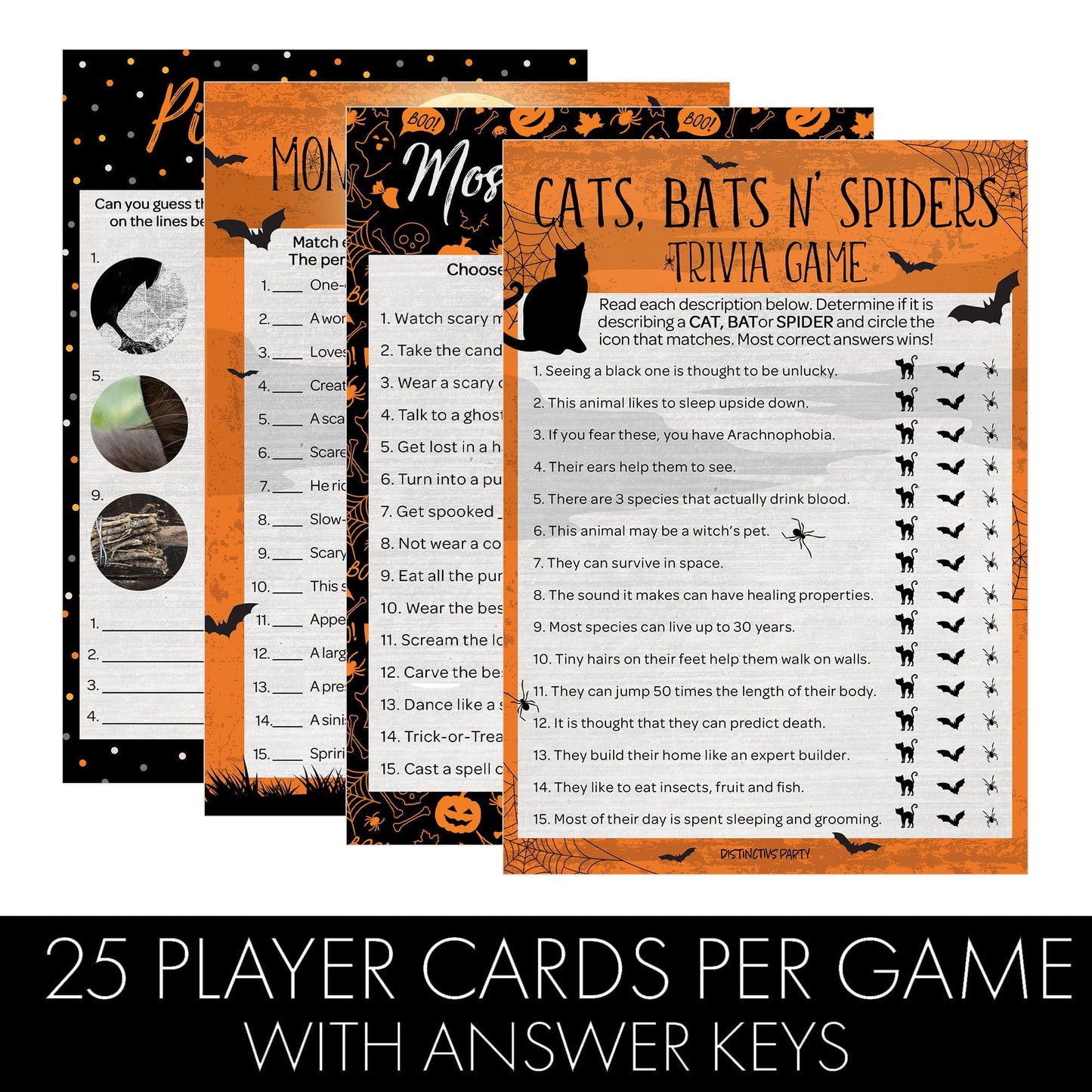 Halloween Party Games Bundle – Monster Matchup, Most Likely to, Picture Quiz, and Trivia – 4 Fun Party Games for Adults and Kids, 25 Guests