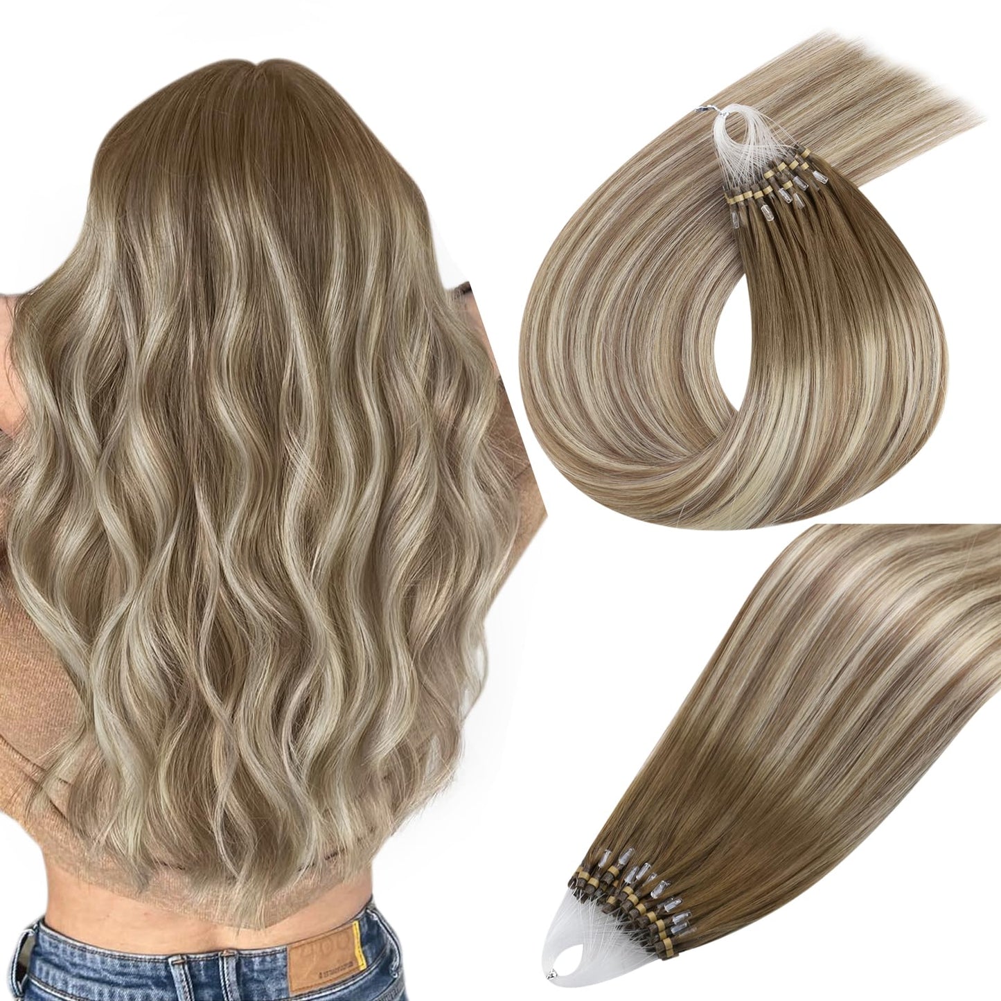 Easyouth Micro Hair Extensions Human Hair Ombre Micro Loop Hair Extensions Real Human Hair Balayage Dark Brown to Brown with Blo