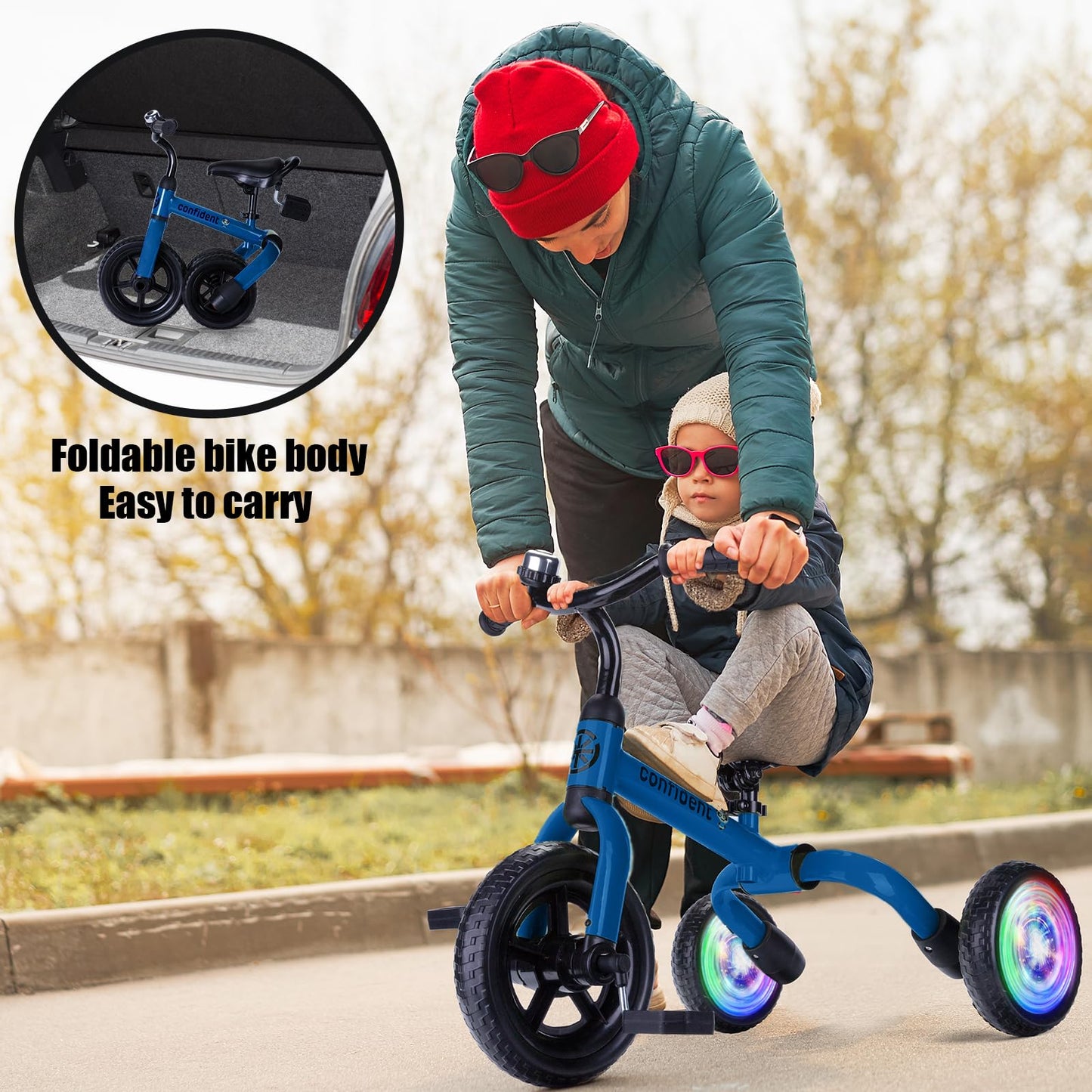 YGJT 3 in 1 Lighting Tricycle for Toddlers Age 2-5 Years Old, Folding Kids Balance Bike with Adjustable Seat and Removable Pedal, Toddler Bike Ride-on Toys for Infant, Gifts for Baby Boys Girls(Blue)