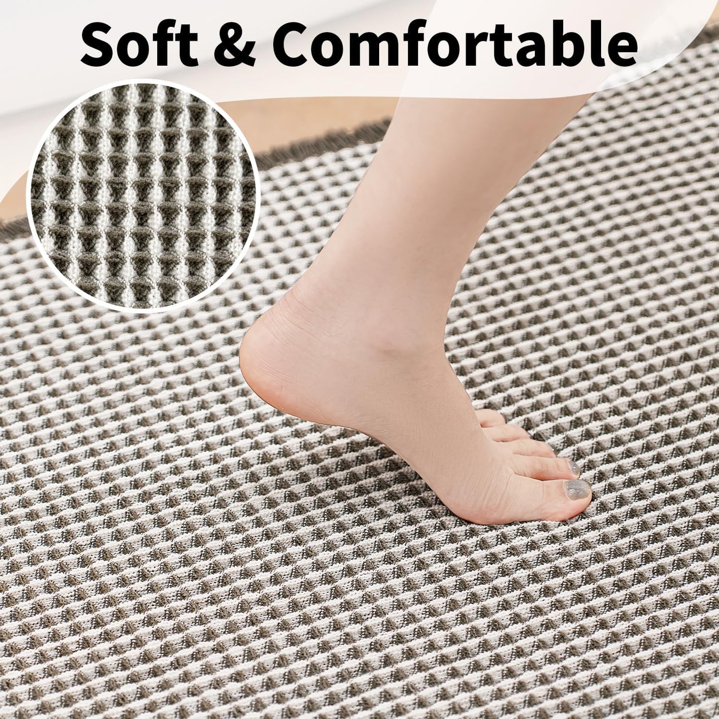 Waffle Runner Bath Mat - Long Boho Bathroom Rugs Non Slip Washable, Super Absorbent & Quick Dry, Soft Bath Mat Farmhouse Bathroom Decor, 24'' x 60'', Olive Green and White