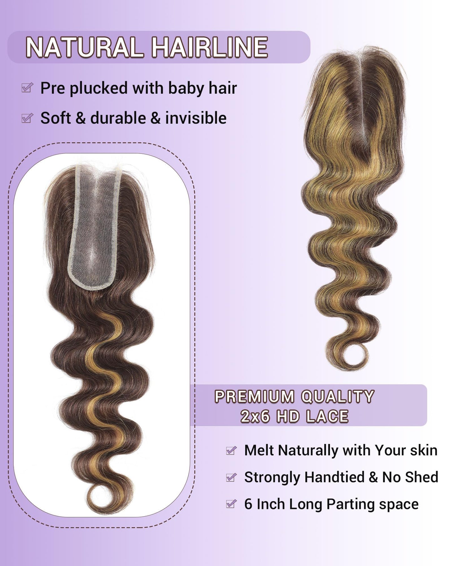 DSEKCAIN Highlight Yellow On Brown Color 2x6 HD Lace Closure Human Hair Body Wave Transparent Lace Closure 2x6 Long Middle Part