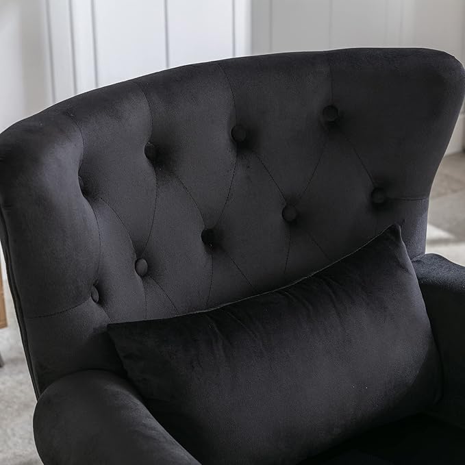 chairus Mid-Century Modern Accent Chairs with Ottoman Set of 2, Comfy Velvet Single Sofa Chair Button Tufted Wingback Armchairs with Pillow for Living Room/Bedroom/Club - Black