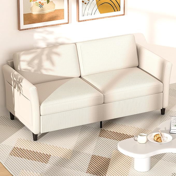 Corduroy Loveseat Sofa, Modern Comfy Couches with Side Pocket, Cloud Sofa Couch for Living Room, Bedroom and Small Spaces,Beige