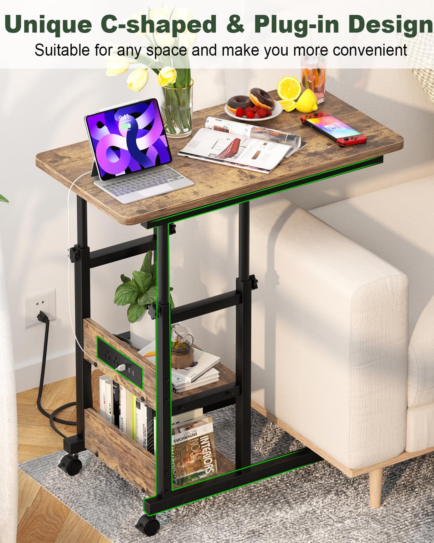 C Shaped End Table Height Adjustable - Couch Side Table with Charging Station, TV Tray with Wheels Slide Under Sofa for Small Spaces, Living Room Bedroom, Rustic Brown