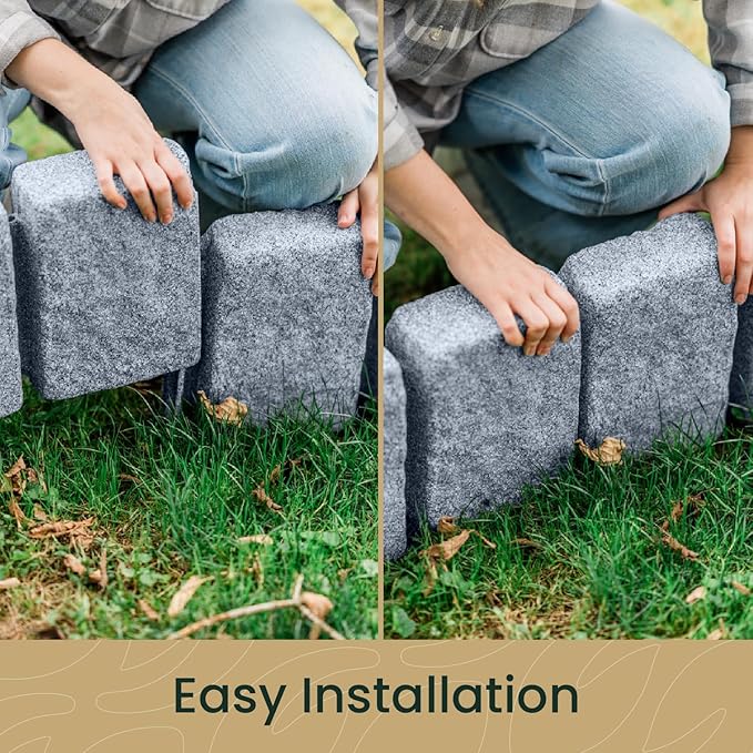 Beuta Landscape Edging | Garden Edging Border | Faux Stone Block XL for Lawn Edging, Flower Beds & Yard Edging – 4 Pack | Each Section Has 6 Blocks 48" L x 4" W x 9.5" H | 12 Spikes | Greystone