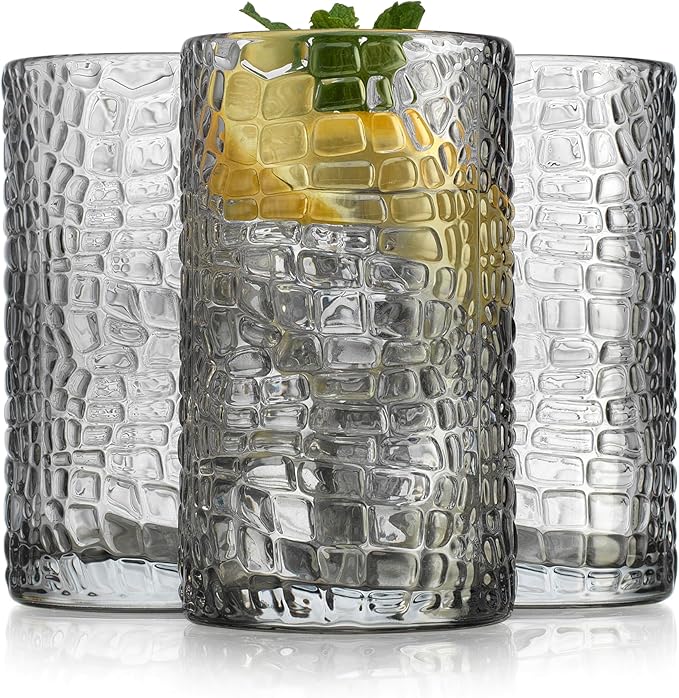 Glaver's Highball Glasses Set of 4 Smoke Drinking Glasses, 15 Ounce Crackle Textured Newly Designed Patent Glassware Heavy...