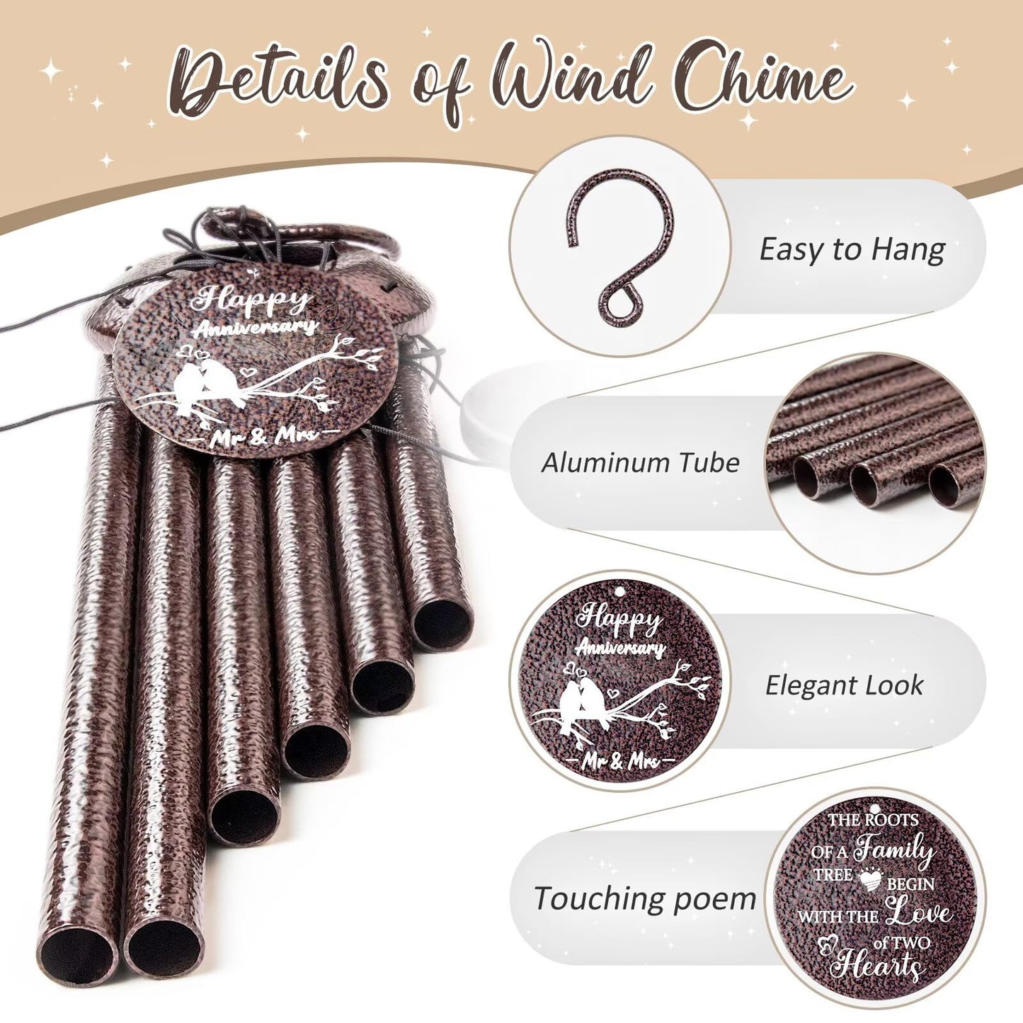 Anniversary Wind Chimes Gifts for Men Women, 25" Wind Chimes Romantic Gift for Couple, Parents, Wife, Husband, Friends, Happy Anniversary Decorations
