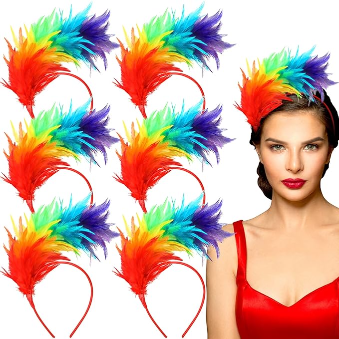 Yunlly 6 Pcs Mardi Gras Fascinator Feather Headband 1920 Feather Headband Hat Parrot Hair Band Party Costume Women Accesso...