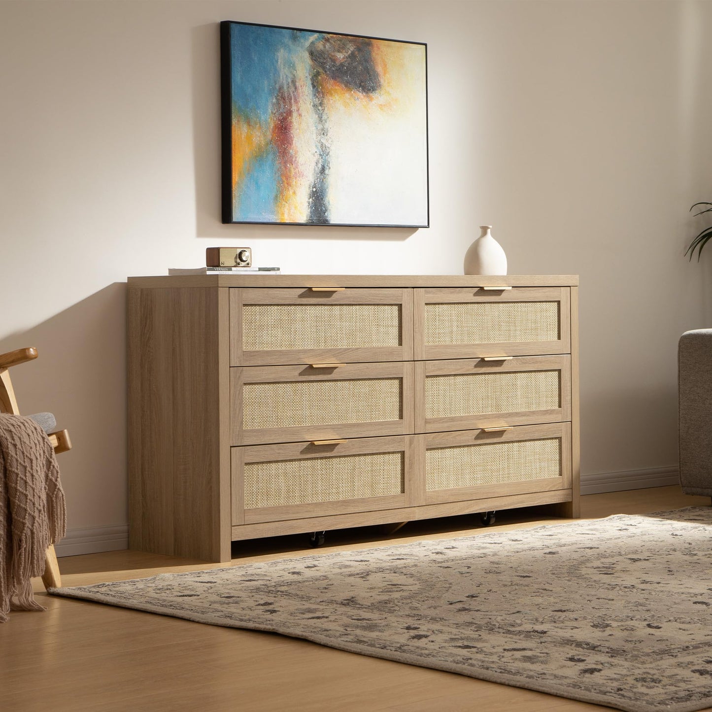 SICOTAS Rattan Dresser for Bedroom, 56.9" Wide 6 Drawer Dresser with Ample Storage, Dressers Large Chest of Drawers, Closet, Boho TV Stand for Bedroom (Reclaimed Light Oak, 1 Piece)