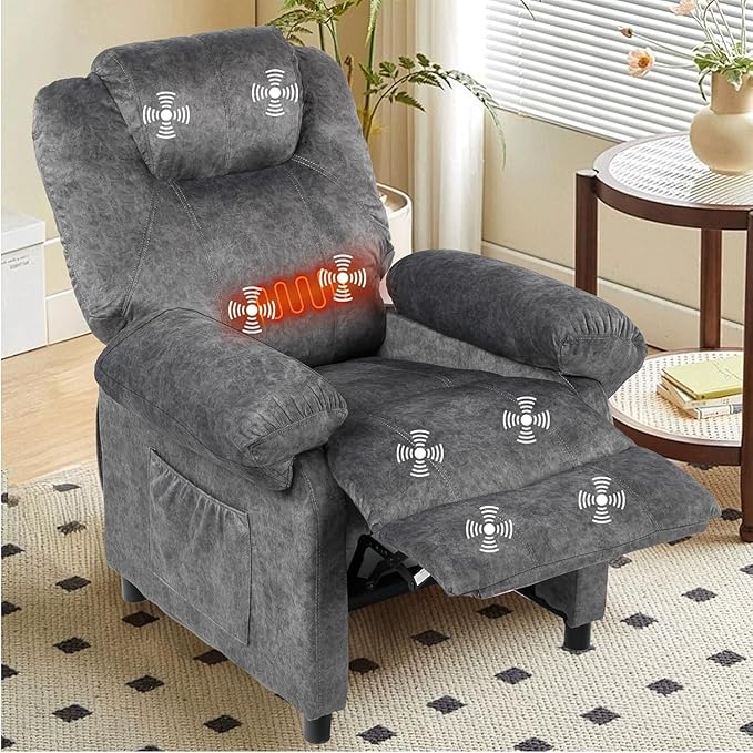 Pushback Massage Recliner Chair with Heat, Fabric Heated Small Massaging Reclining Chair Single Sofa for Adults, Overstuffed Push Back Manual Recliner for Living Room,Grey