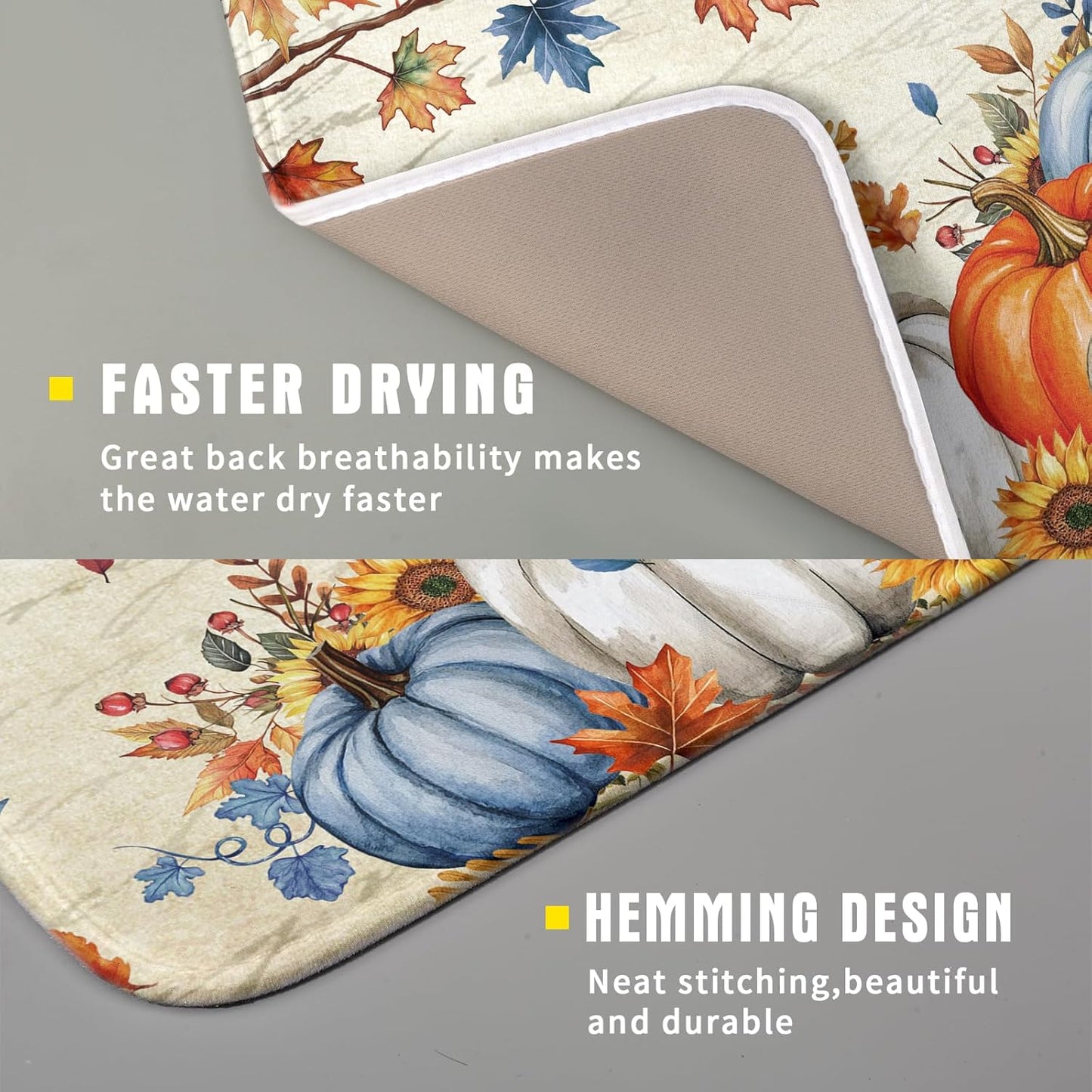Fall Pumpkin Dish Drying Mat for Kitchen Counter 16x18 Inch Vintage Autumn Thanksgiving Absorbent Reversible Microfiber Dish Drainer Rack Mats Countertops Protector Mat