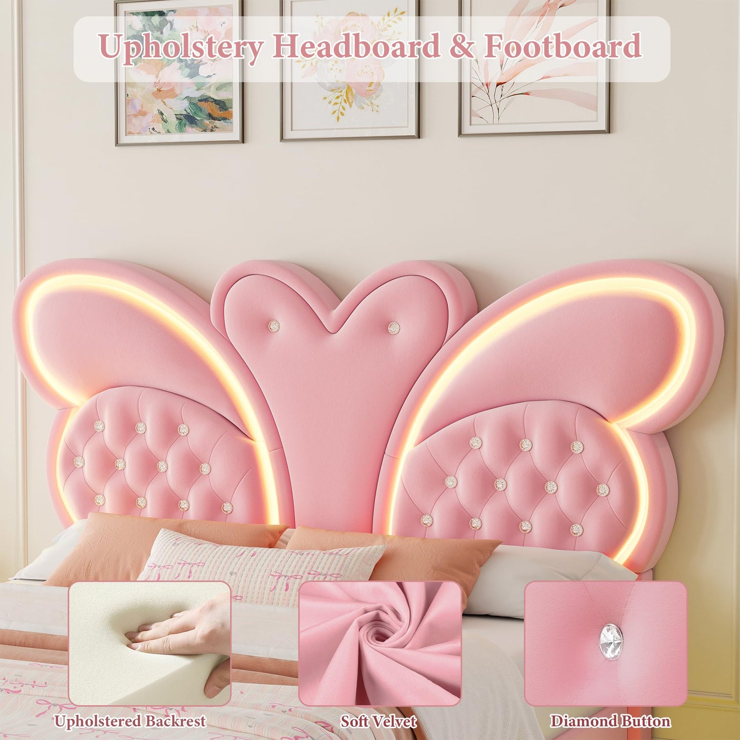 Keyluv Queen Bed Frame Butterfly-Pattern Upholstered Headboard, Modern Floating Bed with LED Lights Button Tufted on Headboard and Footboard, Slats Support No Box Spring Needed, Noise-Free, Pink