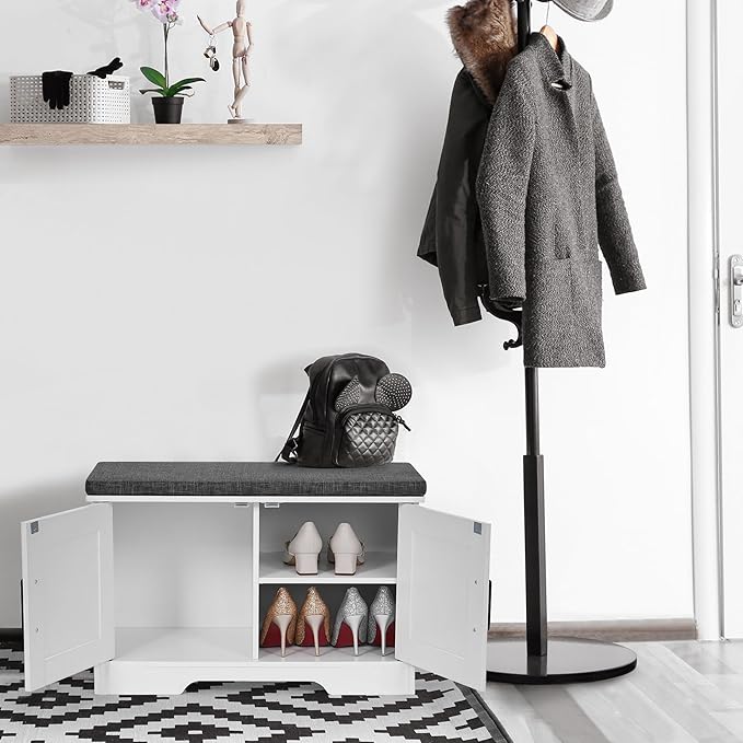 HOMSHO 2-Tier Storage Bench, 27.6" Wide Shoe Bench with Padded Seat Cushion, Entryway Bench with 2 Barn Doors and Adjustable Shelf, White