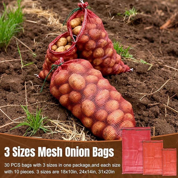 60 Pack 3 Sizes Mesh Onion Bags (18"x10", 24"x14", 31"x20"), Reusable Drawstring Fresh Produce Storage Bags for Onions, Vegetables, Potatoes, Citrus, Crawfish Firewood