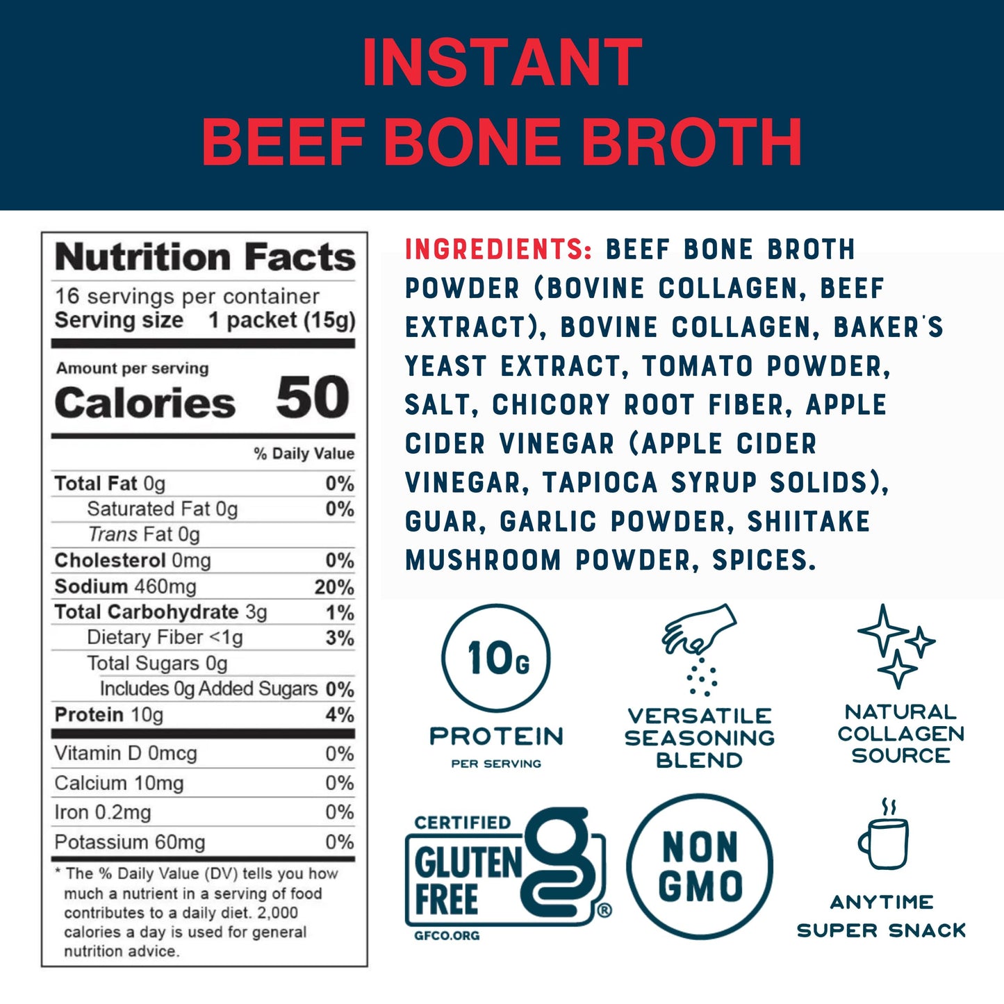 Bare Bones Beef Bone Broth Instant Powdered Mix Packets | 5g Collagen | 10g Protein | Keto & Paleo Friendly | No Artificial Flavors | Rich Savory on-the-go 16 Pack