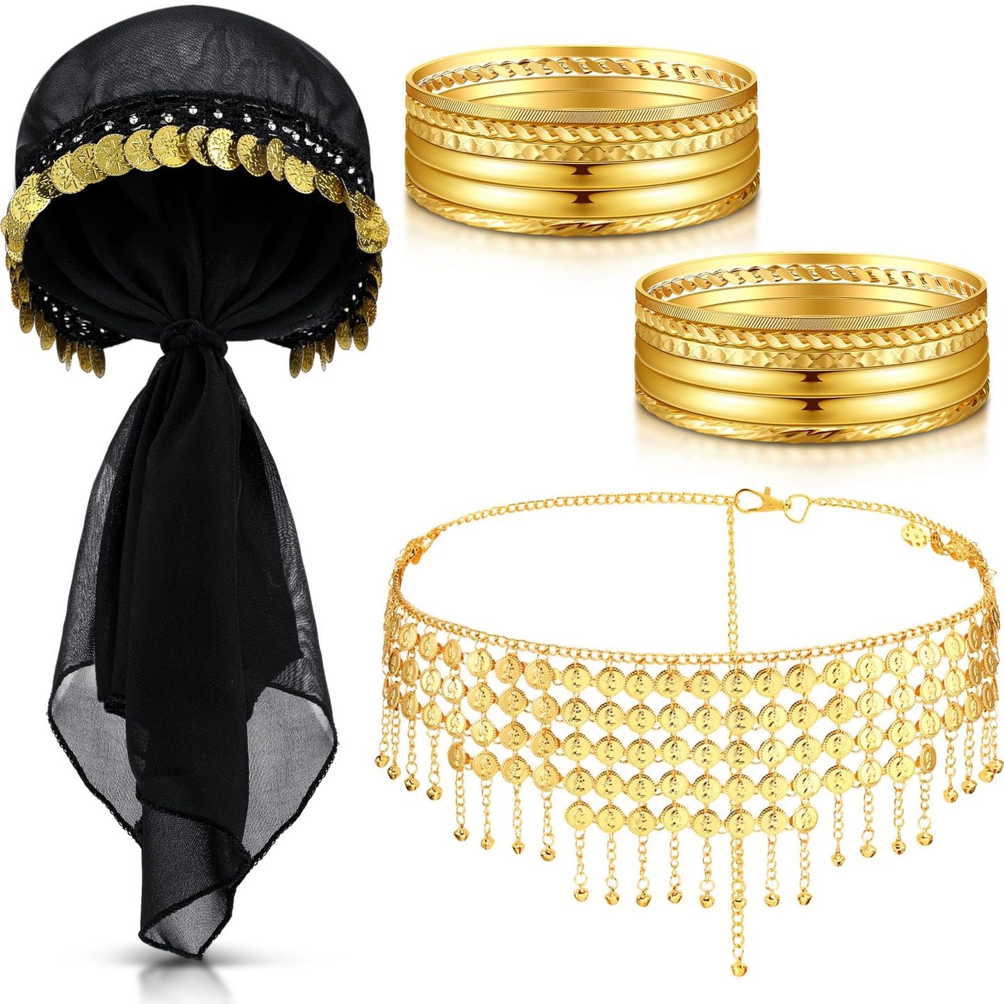 Tarpop 4 Pcs Gypsy Costume Women Halloween Belly Dance Accessories Fortune Teller Headpiece Hip Ethnic Tribal Indian Women(Stylish Style)