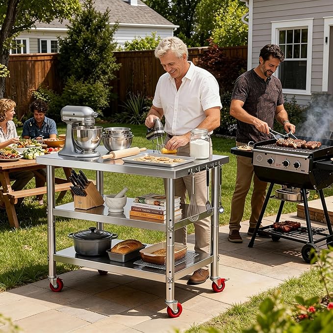 DWVO 30x24in Stainless Steel Table, NSF Metal Prep Worktable with 2 Adjustable Shelves & Wheels for Kitchen Restaurant Hotel Garage Warehouse Home