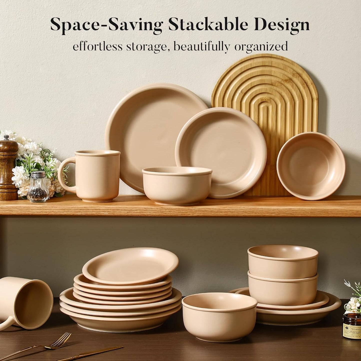 GZG Vintage Series - Ceramic Dinnerware Set for 4, 12 Pieces Stoneware Plates and Bowls Set, Lead-Free, Handcrafted Dishes Set, Microwave & Dishwasher Safe - Warm Apricot