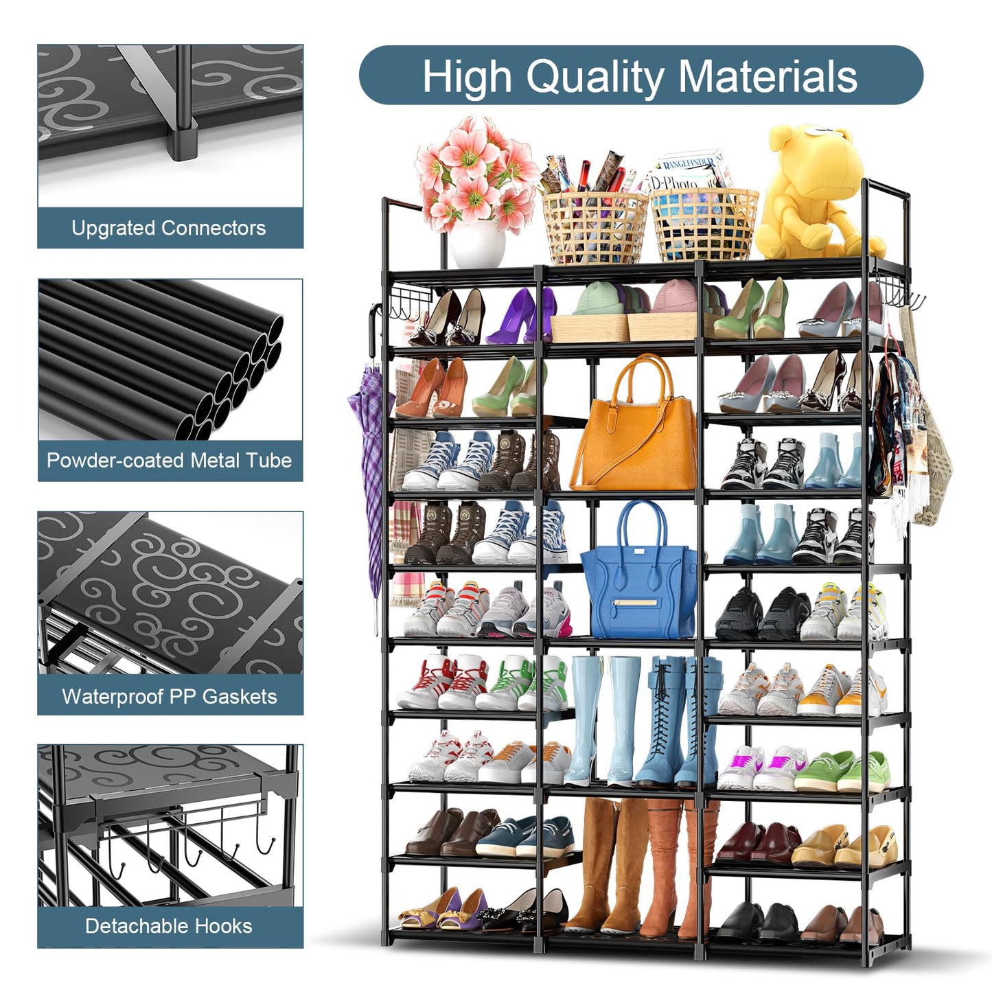 Kottwca 3 Row 10 Tier Large Shoe Rack Organizer for Closet Entryway, 60-65 Pair Shoe Boot Storage Rack, Metal Shoe Shelf Tall Vertical Stackable Shoe Stand for Bedroom Corner