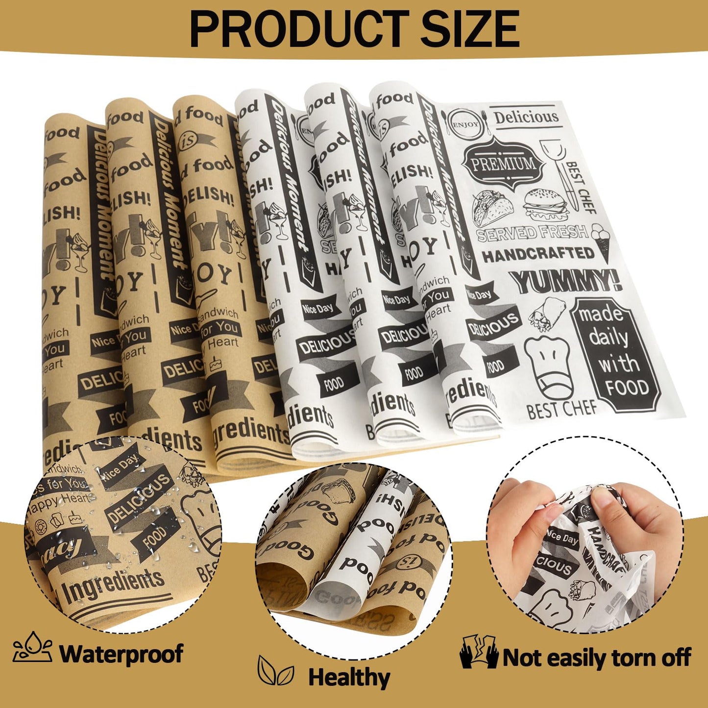 100 PCS Deli Paper Sheets 12x12 Inch, Unbleached Wax Paper Sheets for Food, Grease Resistant Sandwich Wrapping Papers for Cookies, Burger, Kitchen Cooking and BBQ