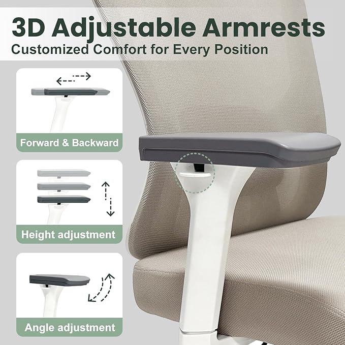 ZYFFHYLAI Ergonomic Office Chair - 350LB Mesh Office Chair with Adjustable Lumbar, High Back Computer Chair with 3D Armrests, Comfy Chair with 2D Headrest & Tilt Function for Study, Work, Gaming