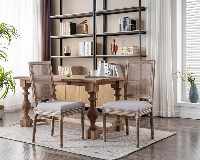 CIMOTA Farmhouse Dining Chairs Set of 4, French Rattan Dining Room Chairs with Rectangle Back/Distressed Wood Upholstered Vintage Side Chairs for Kitchen/Restaurant, Grey/4PCS