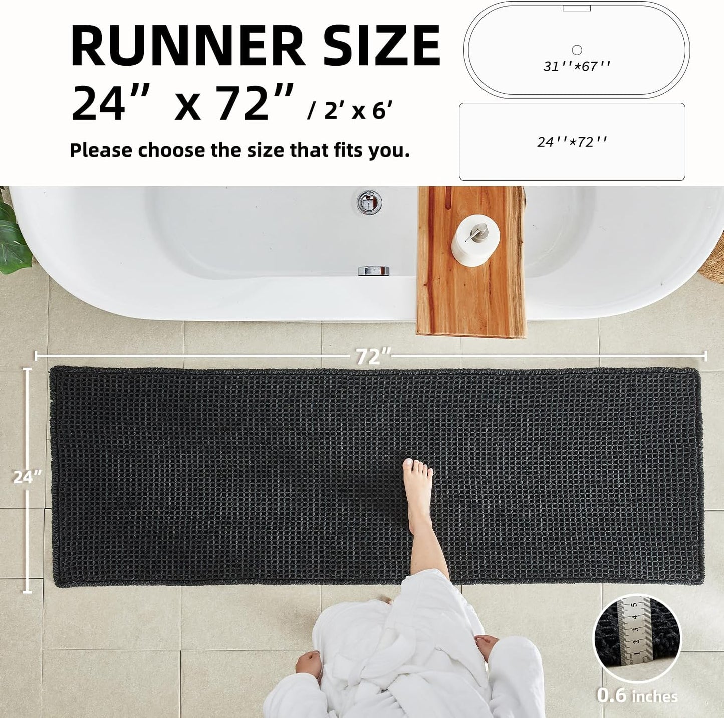 Black Long Bathroom Rug, Waffle Runner Rug Bathroom Non Slip Washable Super Absorbent Quick Dry Boho Farmhouse Bath Decor, 72"x24" Black