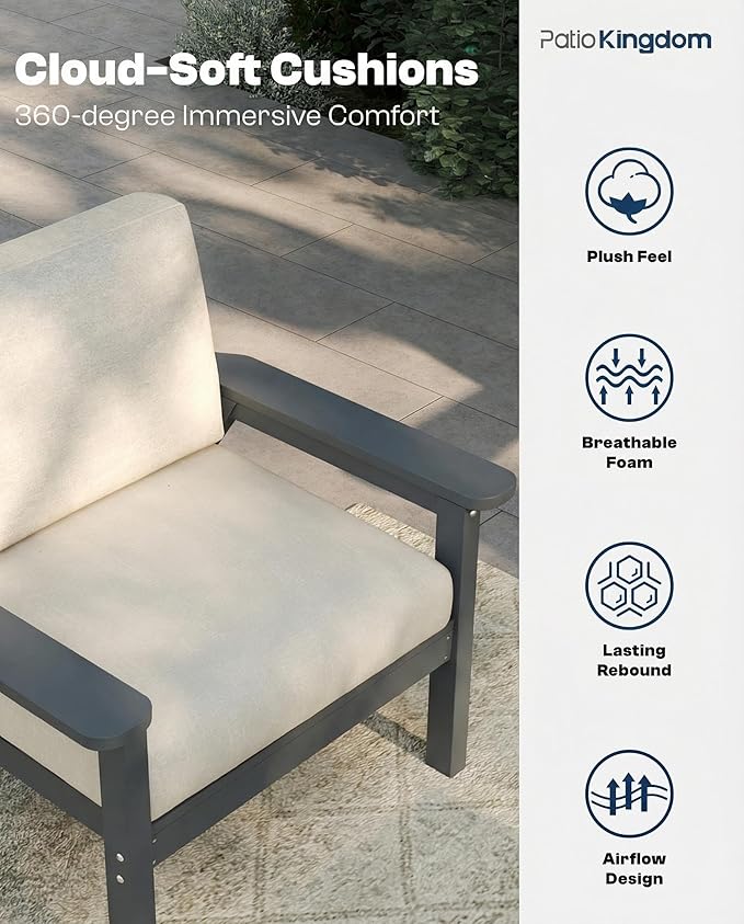 Patio Kingdom 7 Piece Patio Furniture Set, HDPE Outdoor Sectional with Beige Washable Thick Cushions, Coffee Table & Side Table, Patio Conversation Sets for Lawn, Garden, Porch, Balcony (Grey Frame)