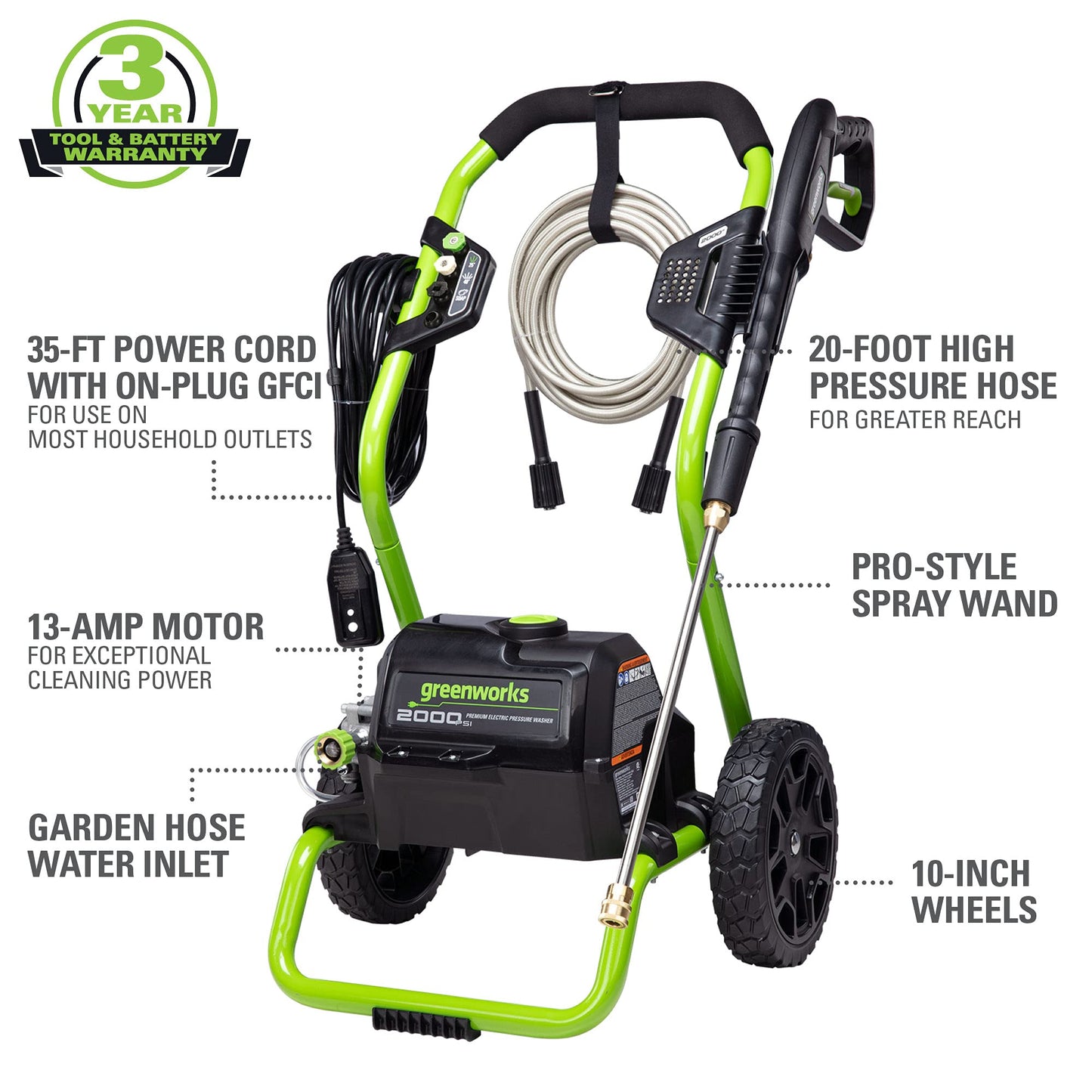 Greenworks 2000 Max PSI @ 1.1 GPM (13 Amp) Electric Pressure Washer GPW2000-1RG + Surface Cleaner Universal Attachment 30012