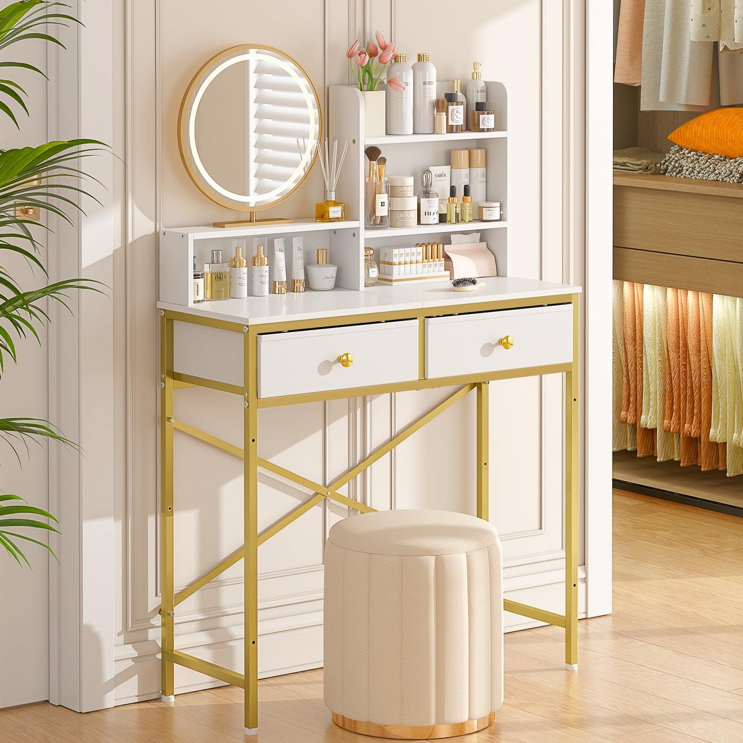 Makeup Vanity Desk No Mirror for Bedroom, Vanity Table Set with 2 Drawer and Open Storage Shelves, Small Vanity for Small Spaces, White and Gold, 31.5in(L)